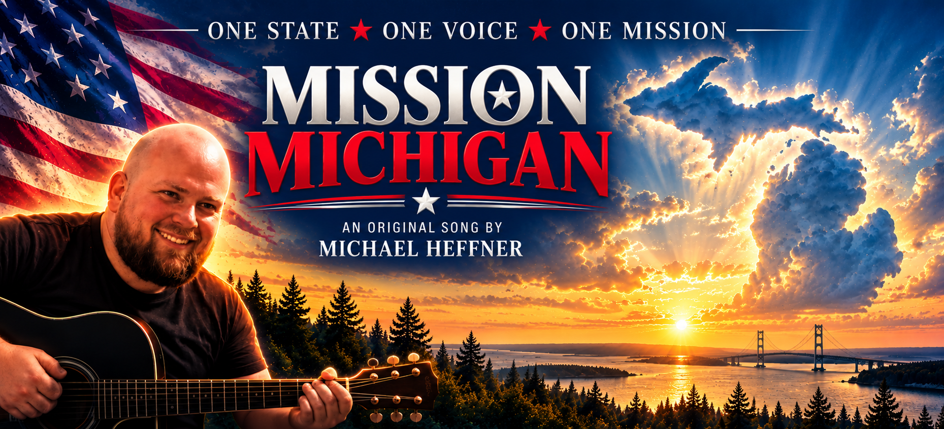 Mission Michigan artwork featuring Michael Heffner and a Michigan-shaped cloud formation