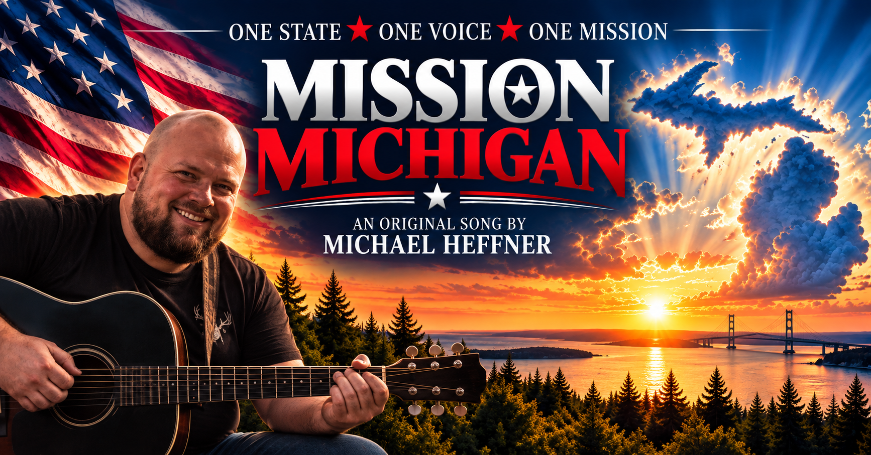 Mission Michigan, an original song by Michael Heffner, with Michigan clouds and a patriotic sunset
